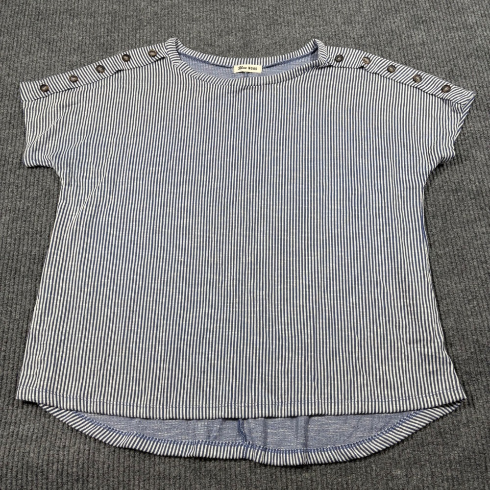 Blue Mood Shirt Womens L Blue White Striped Button Shoulder Short Sleeve Top